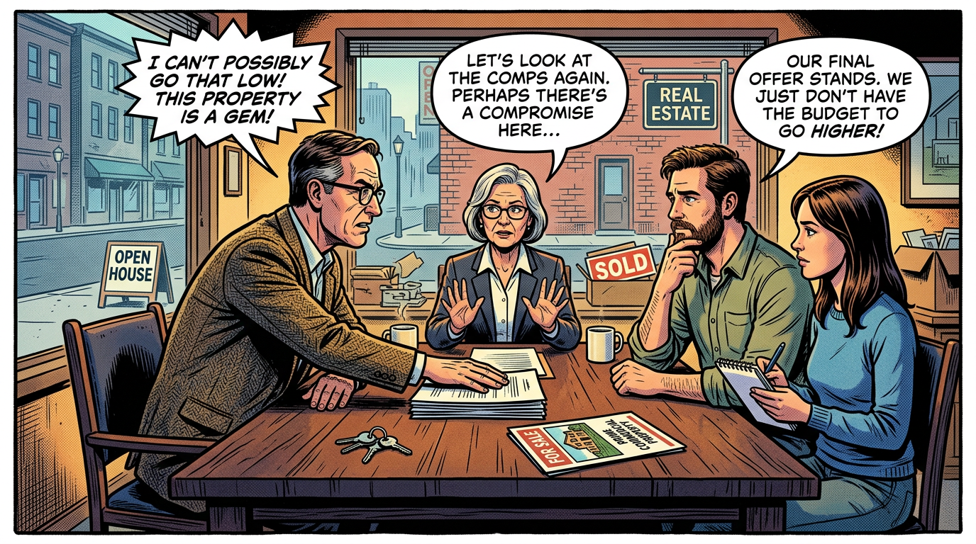 Four people negotiating a property sale in a real estate office