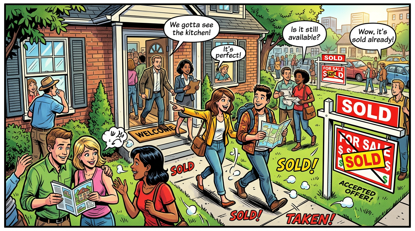 Crowd of people outside a house with multiple sold signs, excited buyers and real estate agents interacting