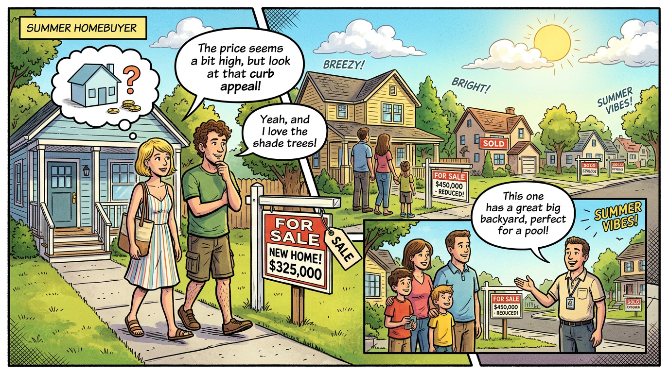 Couple and family visiting homes for sale in a sunlit neighborhood with 'For Sale' and 'Sold' signs