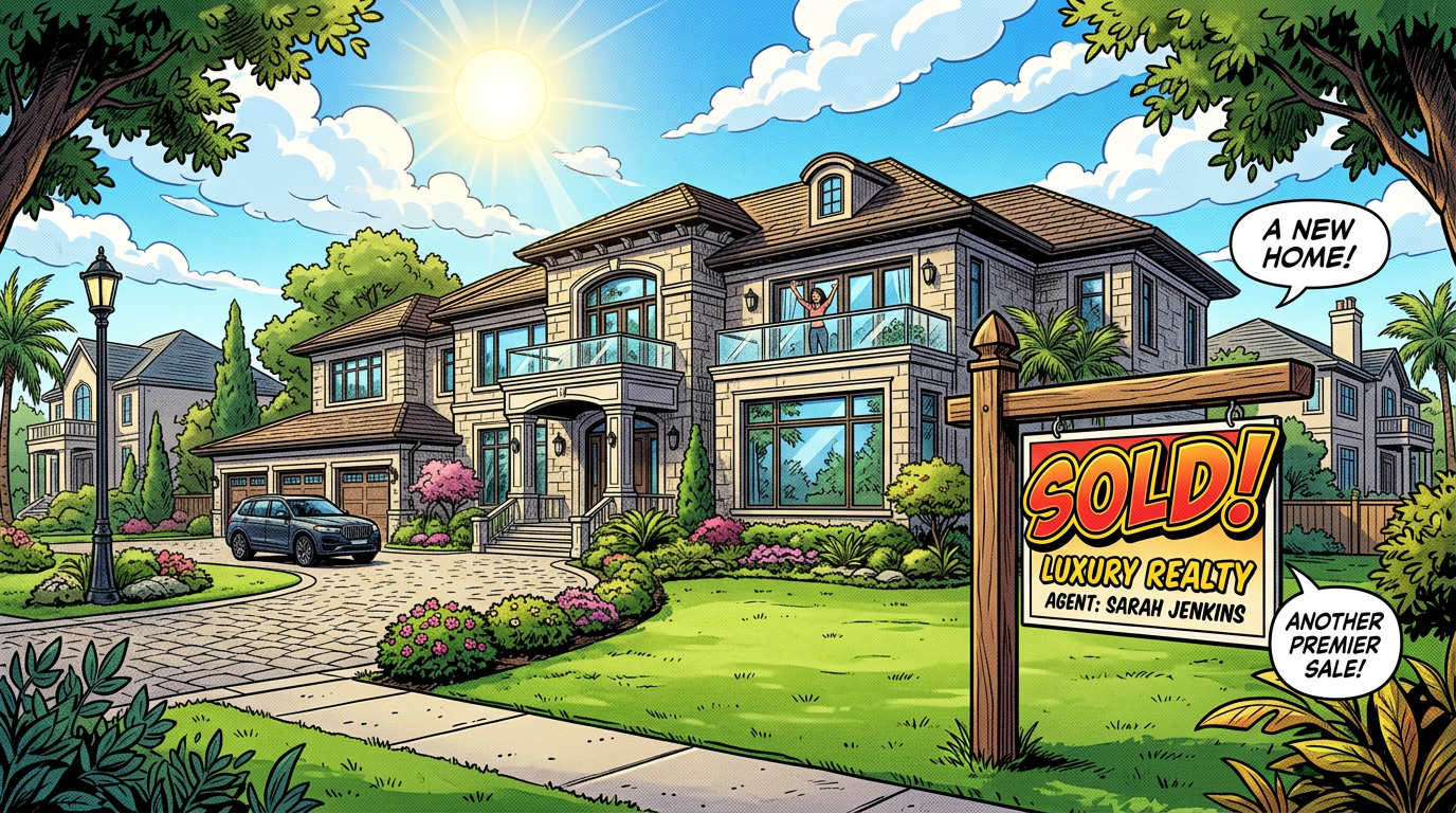 Spacious luxury home with sold sign and person celebrating on balcony