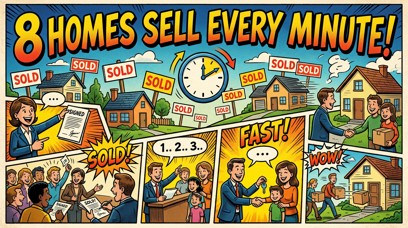 Comic showing houses with sold signs, people signing contracts, buying homes quickly, and moving in