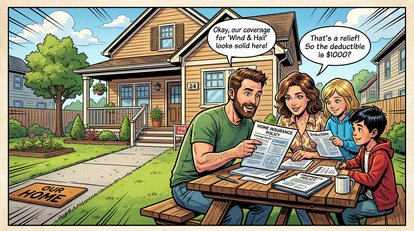 Family sitting at picnic table reviewing home insurance policy and deductible documents