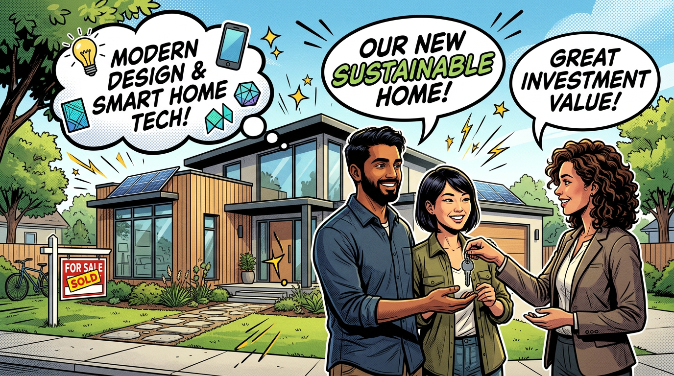 Modern Design & Smart Home Tech! Our New Sustainable Home! Great Investment Value! For Sale Sold sign, couple receiving keys