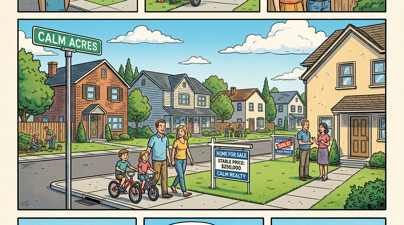 Illustrated Calm Acres neighborhood with families, homes, and home sale signs