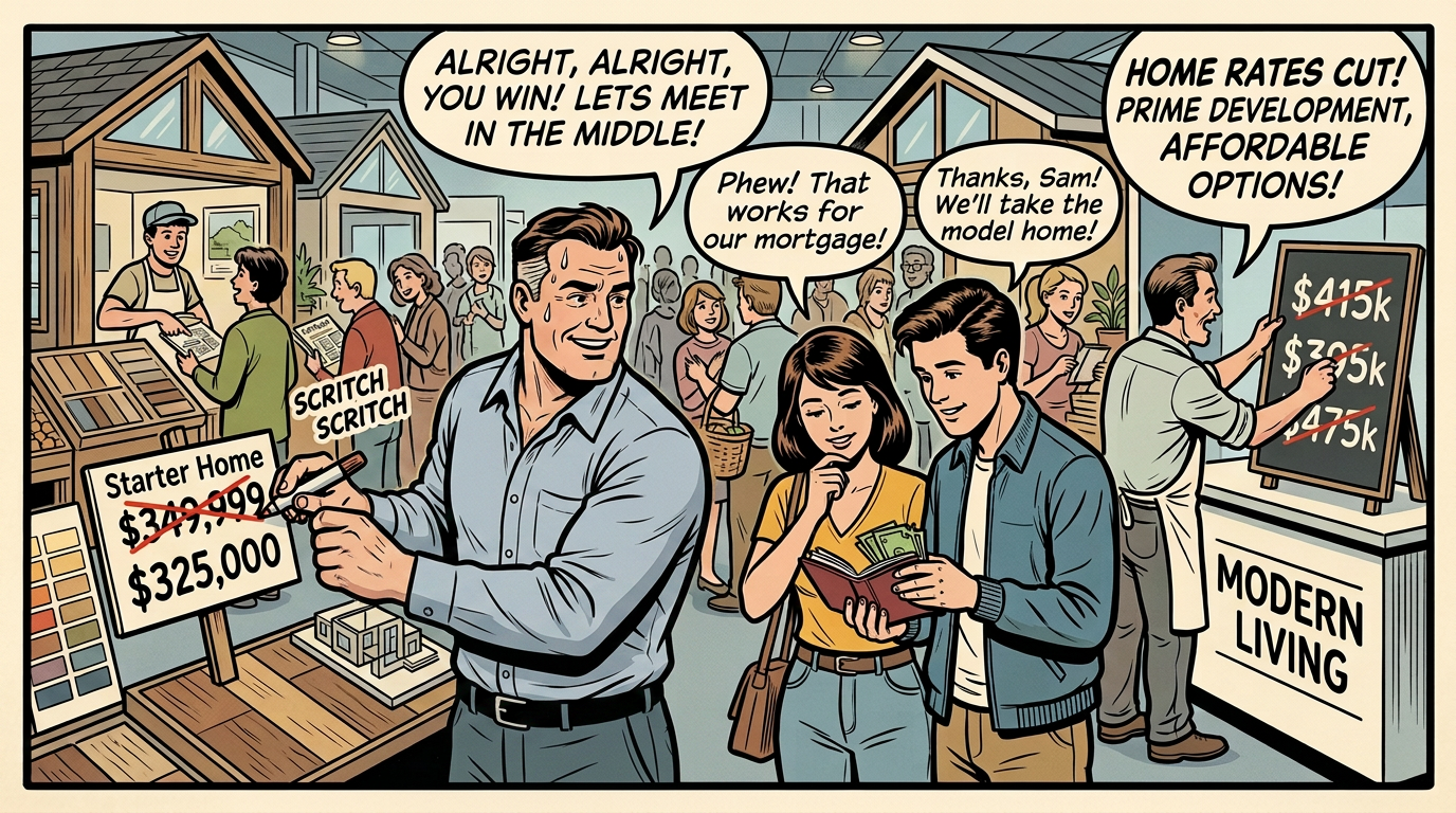 Comic market scene with text: “YEAH!”, “ALRIGHT, ALRIGHT, YOU WIN! LET’S MEET IN THE MIDDLE!”, “Phew! That works for our budget!”, “Thanks, Sam!”, “PRICES CUT! FRESH CATCH, AFFORDABLE RATES!”, “$15/lb” crossed out to “$12.50”, “SCRITCH SCRITCH”, and “SAM’S GOODS.”