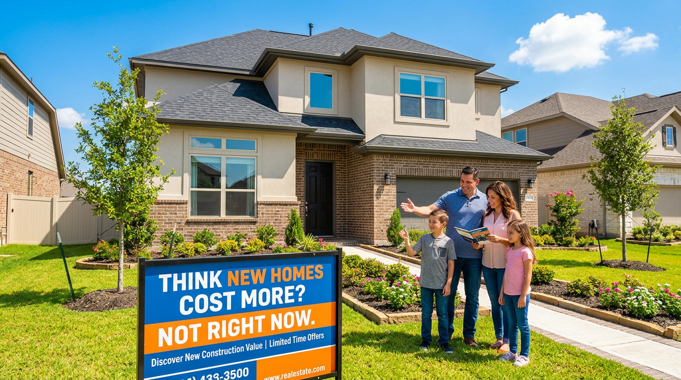 Family outside new home beside sign reading “THINK NEW HOMES COST MORE? NOT RIGHT NOW. Discover New Construction Value | Limited Time Offers,” with phone 433-3500 and www.realestate.com
