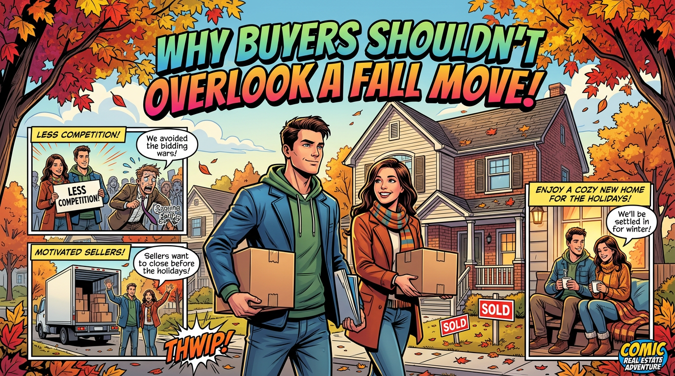 Comic titled “Why Buyers Shouldn't Overlook a Fall Move!” with fall home-buying scenes and sold signs.