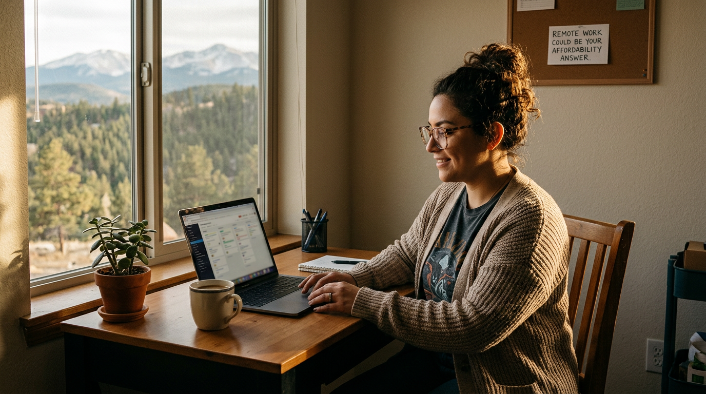 Woman working on a laptop at a table beside a mountain view