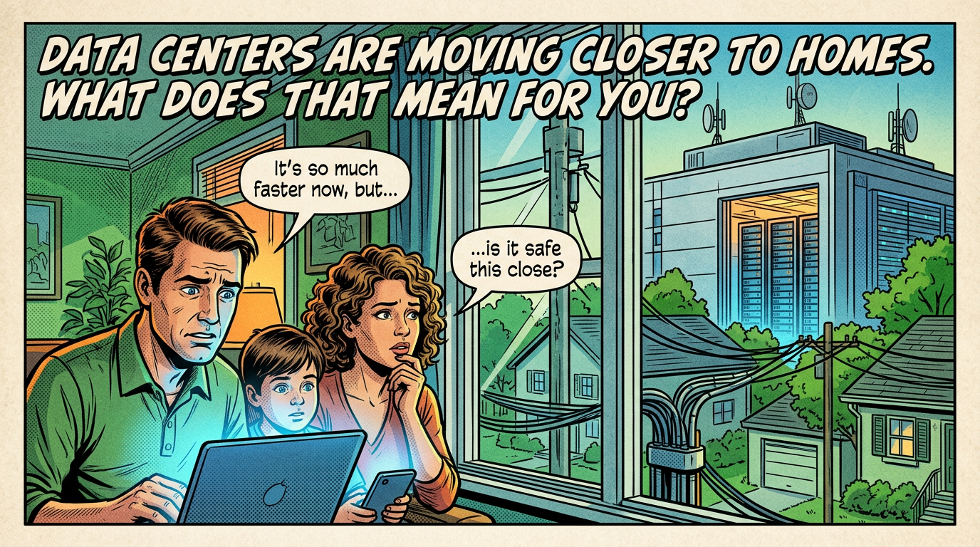 Comic text: “DATA CENTERS ARE MOVING CLOSER TO HOMES. WHAT DOES THAT MEAN FOR YOU?” Family says, “It’s so much faster now, but…” and “…is it safe this close?”