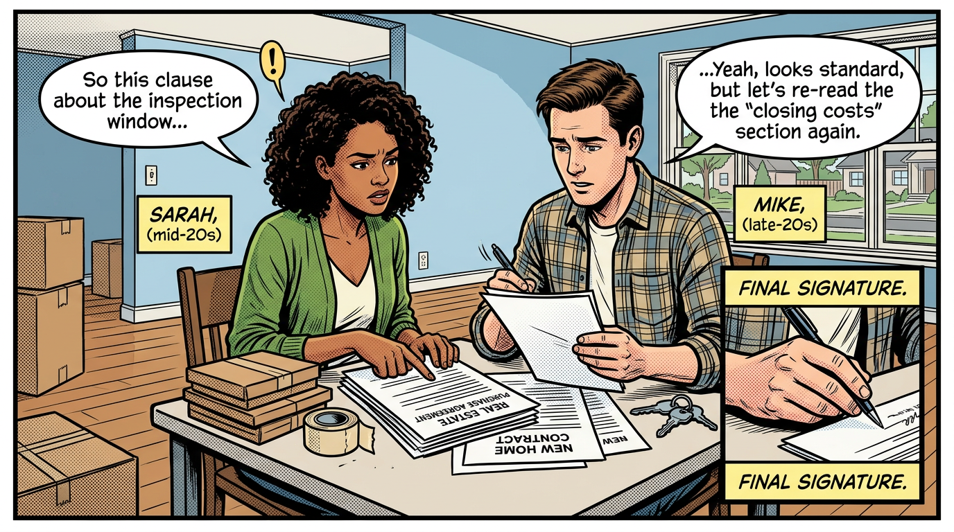 Comic panel with Sarah and Mike reviewing documents: “So this clause about the inspection window...”; “...Yeah, looks standard, but let’s re-read the ‘closing costs’ section again.” Labels read “SARAH (mid-20s),” “MIKE (late-20s),” “FINAL SIGNATURE.”, “REAL ESTATE PURCHASE AGREEMENT,” and “NEW HOME CONTRACT.”