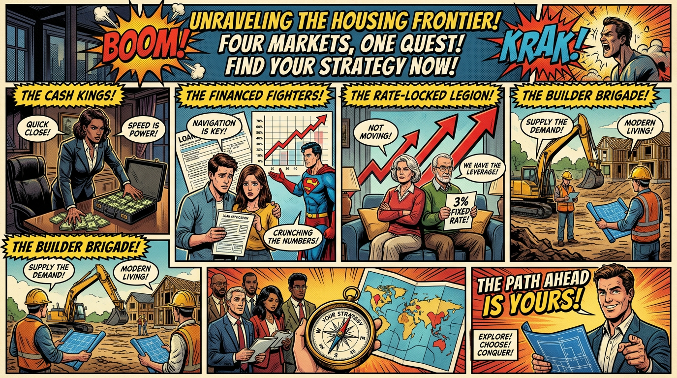 Comic titled “Unraveling the Housing Frontier! Four Markets, One Quest! Find Your Strategy Now!” featuring cash buyers, financed buyers, fixed-rate homeowners, builders, strategy maps, and market charts.