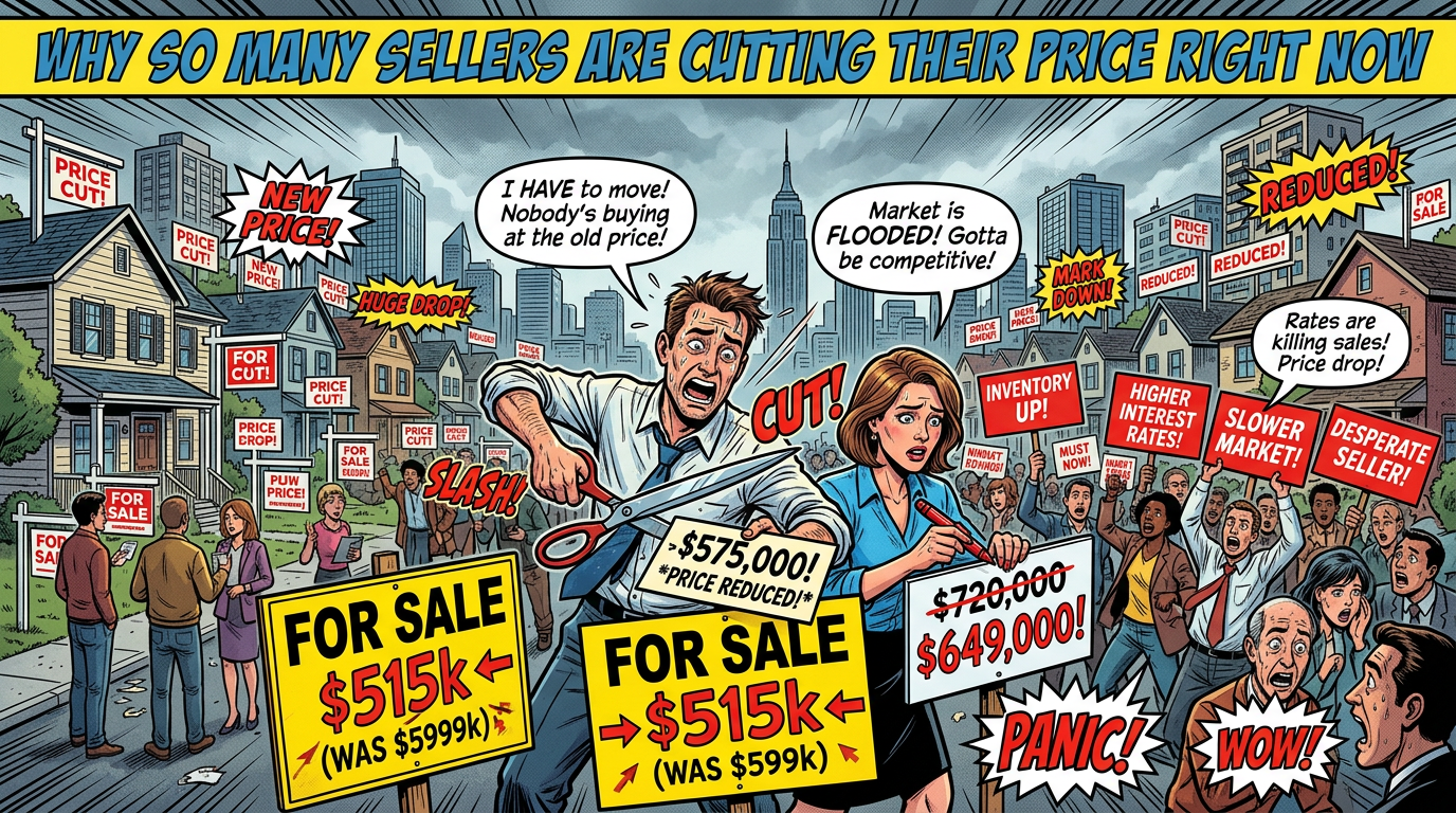 Comic reading “WHY SO MANY SELLERS ARE CUTTING THEIR PRICE RIGHT NOW,” showing price cuts, reduced listings, and panicked sellers.