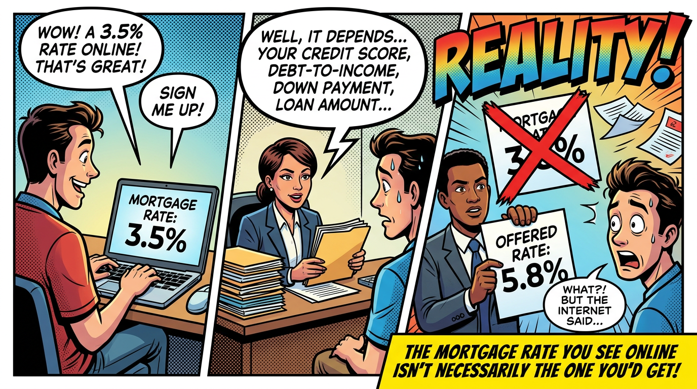 Comic text: “WOW! A 3.5% RATE ONLINE! THAT’S GREAT!” “SIGN ME UP!” “MORTGAGE RATE: 3.5%” “WELL, IT DEPENDS… YOUR CREDIT SCORE, DEBT-TO-INCOME, DOWN PAYMENT, LOAN AMOUNT…” “REALITY” “MORTGAGE RATE: 3.5%” “OFFERED RATE: 5.8%” “WHAT?! BUT THE INTERNET SAID…” “THE MORTGAGE RATE YOU SEE ONLINE ISN’T NECESSARILY THE ONE YOU’D GET!”
