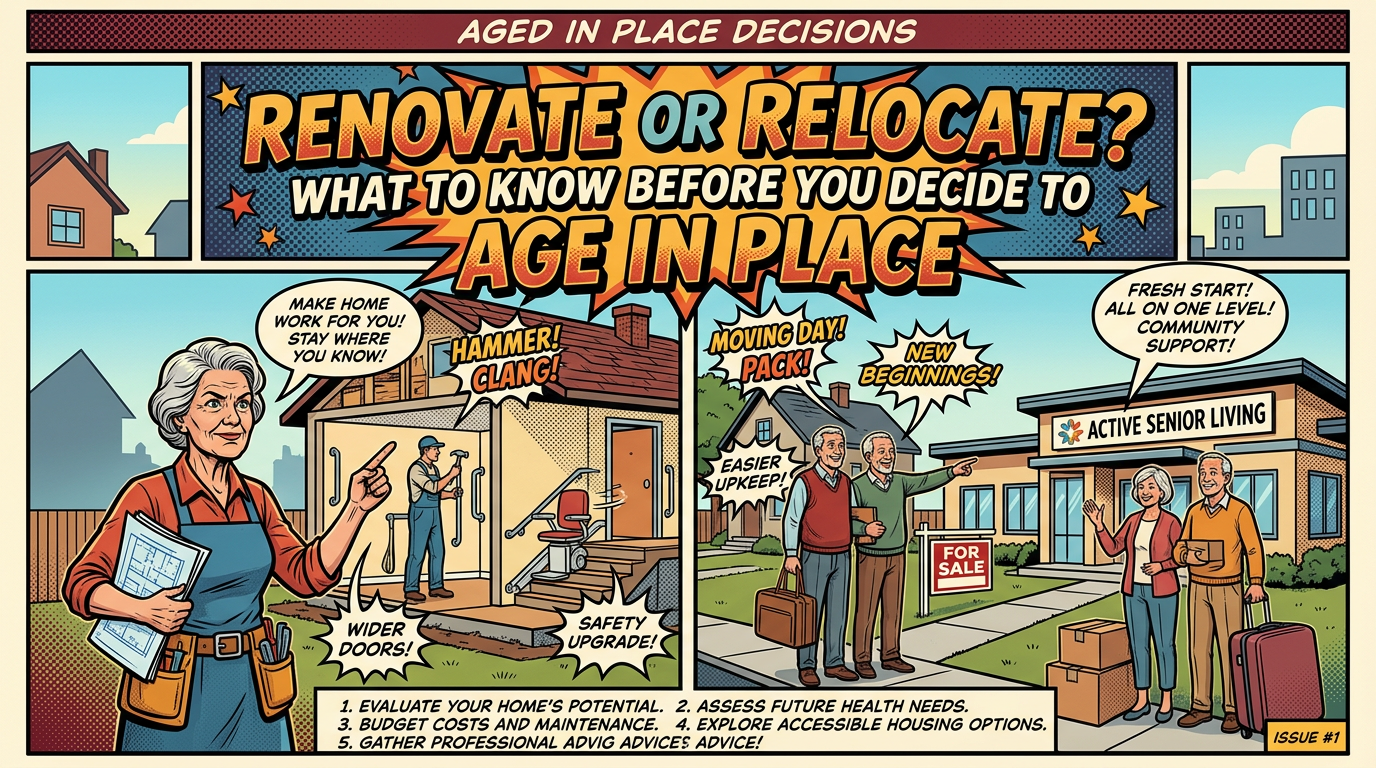 Comic titled “Aged in Place Decisions: Renovate or Relocate? What to Know Before You Decide to Age in Place,” showing home renovations, relocation, active senior living, and decision-making tips.