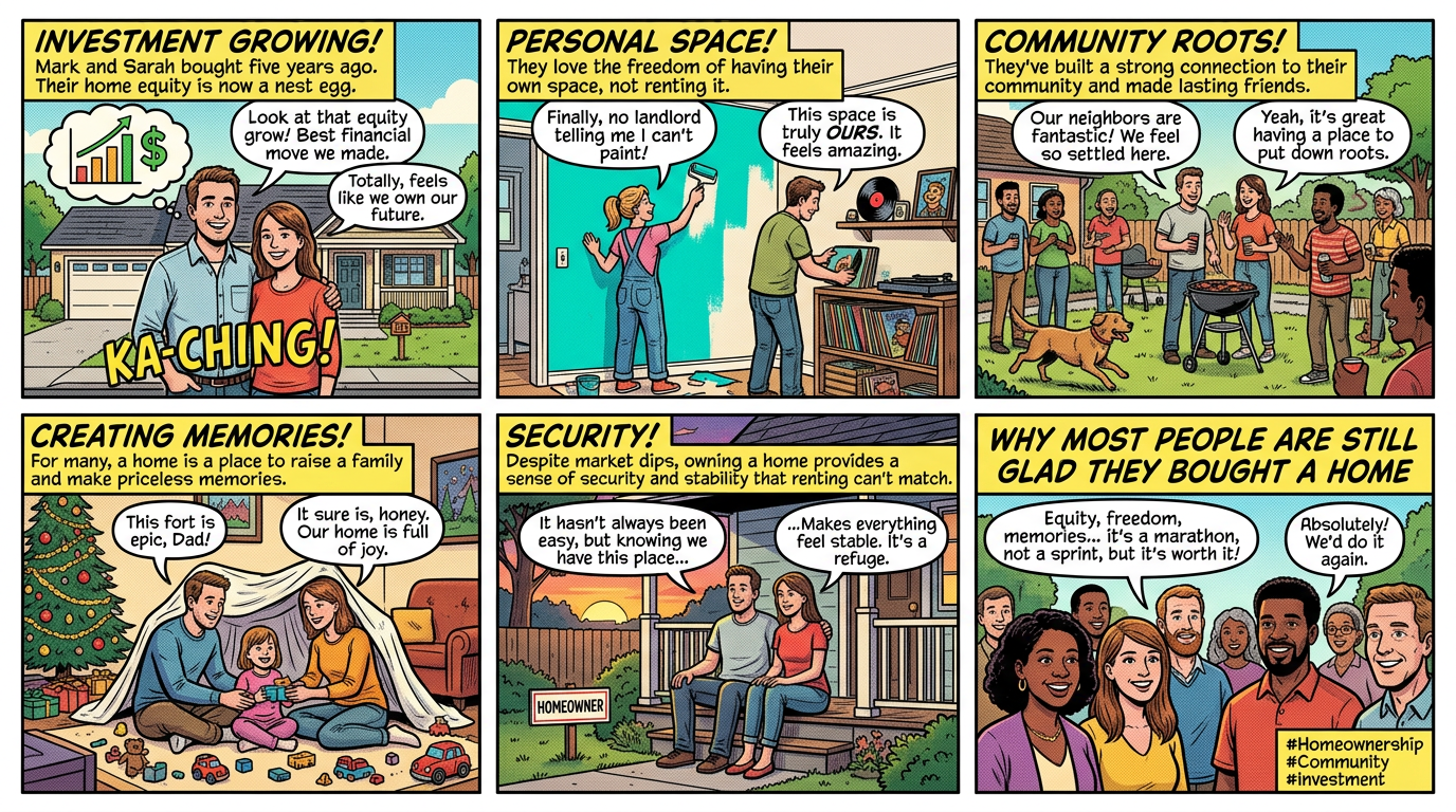 Six-panel comic: “INVESTMENT GROWING! Mark and Sarah bought five years ago. Their home equity is now a nest egg.” “Look at that equity grow! Best financial move we made.” “Totally, feels like we own our future.” “KA-CHING!” “PERSONAL SPACE! They love the freedom of having their own space, not renting it.” “Finally, no landlord telling me I can’t paint!” “This space is truly OURS. It feels amazing.” “COMMUNITY ROOTS! They’ve built a strong connection to their community and made lasting friends.” “Our neighbors are fantastic! We feel so settled here.” “Yeah, it’s great having a place to put down roots.” “CREATING MEMORIES! For many, a home is a place to raise a family and make priceless memories.” “This fort is epic, Dad!” “It sure is, honey. Our home is full of joy.” “SECURITY! Despite market dips, owning a home provides a sense of security and stability that renting can’t match.” “It hasn’t always been easy, but knowing we have this place...” “...Makes everything feel stable. It’s a refuge.” “HOMEOWNER.” “WHY MOST PEOPLE ARE STILL GLAD THEY BOUGHT A HOME” “Equity, freedom, memories... it’s a marathon, not a sprint, but it’s worth it!” “Absolutely! We’d do it again.” “#Homeownership #Community #Investment #irvestment”